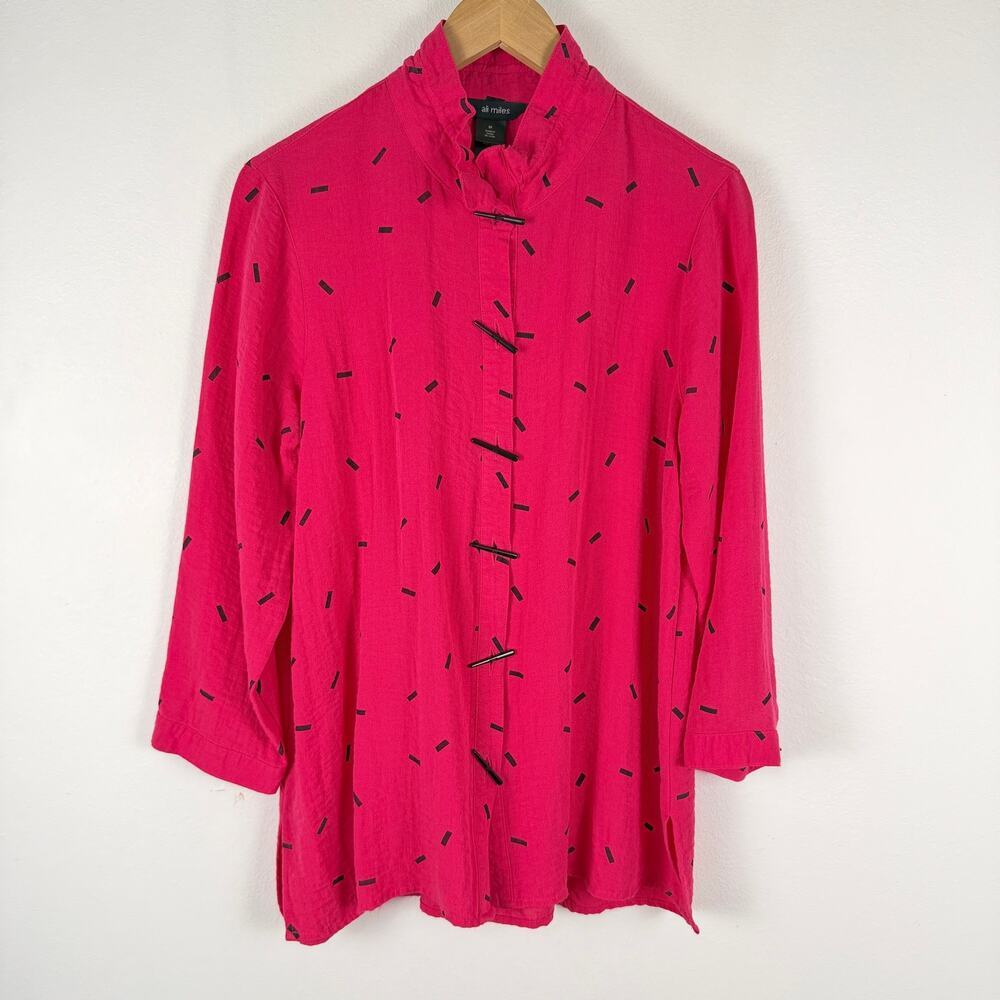 Ali Miles Pink Black Printed Long Sleeve Mandarin Collar Shirt Women's Medium